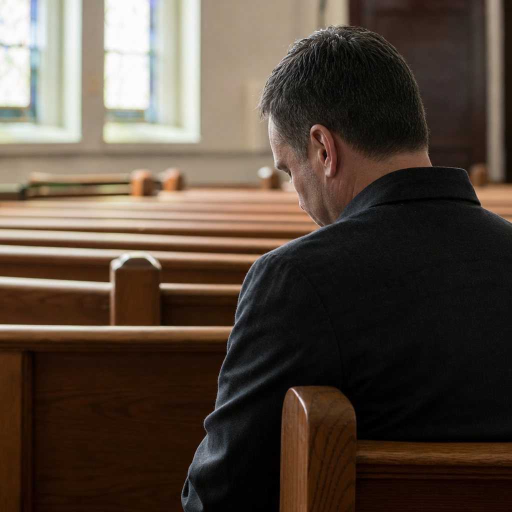 A man seated in a church pew