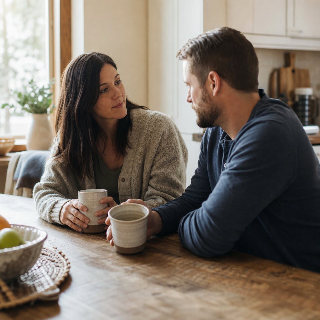 A couple talking together at a kitchen table