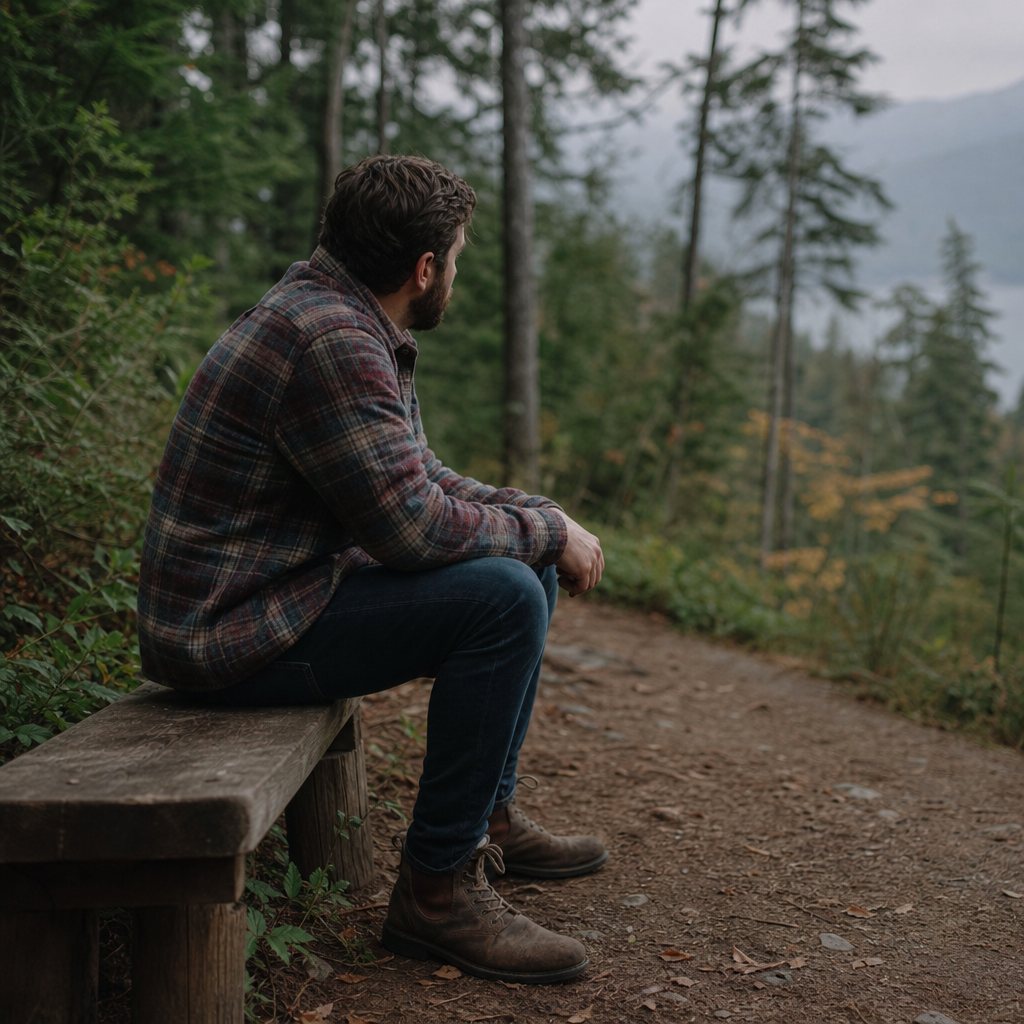 A man sitting on a bench beside a forest trail