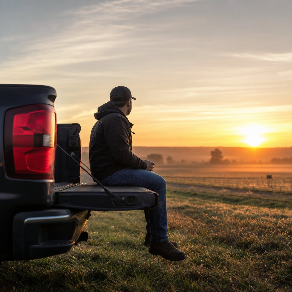 A man sitting on a truck tailgate overlooking a field at sunrise