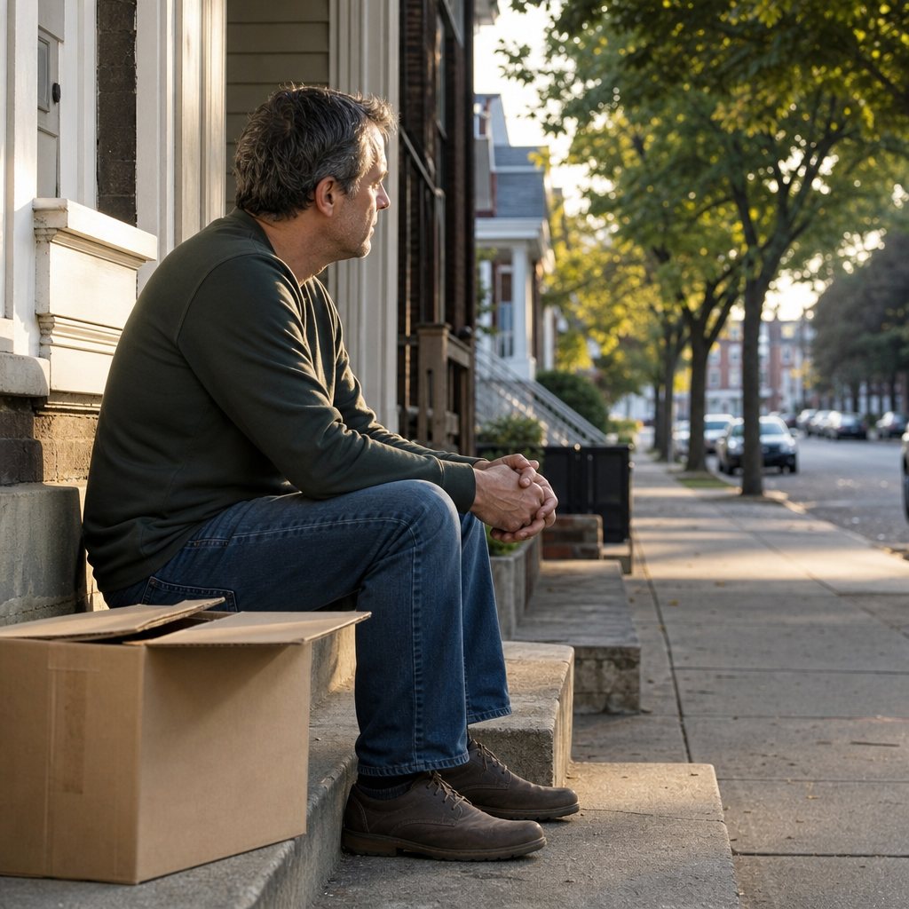 A man sitting on front steps beside moving boxes